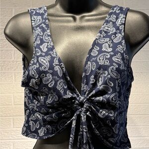 Gaze Blue and White Tie-Front Crop Tank Top